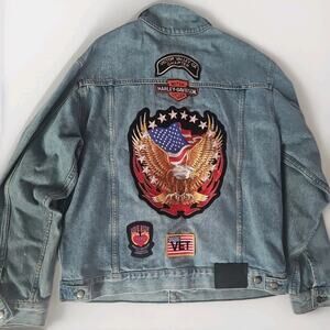 Vintage Harley Davidson Denim Jean Jacket Mens XL Patch Logo Biker Y2K Grunge